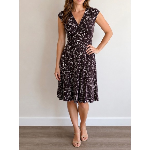 Chaps Dresses & Skirts - Chaps Brown Dot Print Fit & Flare Dress Size Large V-Neck Stretch